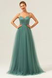 Eucalyptus A Line Spaghetti Straps Ruched Floor Length Bridesmaid Dress