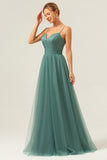 Eucalyptus A Line Spaghetti Straps Ruched Floor Length Bridesmaid Dress