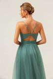 Eucalyptus A Line Spaghetti Straps Ruched Floor Length Bridesmaid Dress