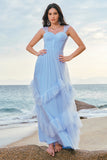 Elegant Grey Blue A-Line Ruched Corset Long Bridesmaid Dress with Ruffles