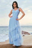 Elegant Grey Blue A-Line Ruched Corset Long Bridesmaid Dress with Ruffles