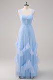 Elegant Grey Blue A-Line Ruched Corset Long Bridesmaid Dress with Ruffles