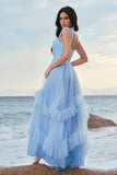 Elegant Grey Blue A-Line Ruched Corset Long Bridesmaid Dress with Ruffles