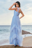 Elegant Grey Blue A-Line Ruched Corset Long Bridesmaid Dress with Ruffles