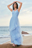 Elegant Grey Blue A-Line Ruched Corset Long Bridesmaid Dress with Ruffles