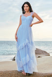 Grey Blue A Line Corset Ruched Long Bridesmaid Dress with Ruffles