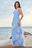 Elegant Grey Blue A-Line Ruched Corset Long Bridesmaid Dress with Ruffles