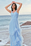 Elegant Grey Blue A-Line Ruched Corset Long Bridesmaid Dress with Ruffles