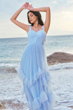 Elegant Grey Blue A-Line Ruched Corset Long Bridesmaid Dress with Ruffles