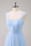 Grey Blue A Line Corset Ruched Long Bridesmaid Dress with Ruffles