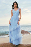 Elegant Grey Blue A-Line Ruched Corset Long Bridesmaid Dress with Ruffles