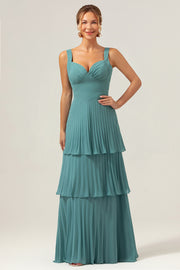 Eucalyptus A Line Pleated Tiered Backless Floor Length Bridesmaid Dress