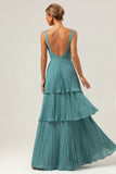 Eucalyptus A Line Pleated Tiered Backless Floor Length Bridesmaid Dress