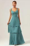 Eucalyptus A Line Pleated Tiered Backless Floor Length Bridesmaid Dress