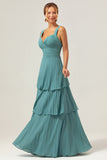 Eucalyptus A Line Pleated Tiered Backless Floor Length Bridesmaid Dress