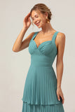 Eucalyptus A Line Pleated Tiered Backless Floor Length Bridesmaid Dress