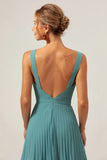 Eucalyptus A Line Pleated Tiered Backless Floor Length Bridesmaid Dress