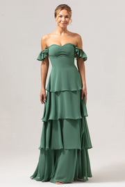 Eucalyptus A Line Off The Shoulder Tiered Long Bridesmaid Dress