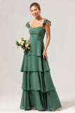 Eucalyptus A Line Off The Shoulder Tiered Long Bridesmaid Dress