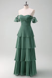 Eucalyptus A Line Off The Shoulder Tiered Long Bridesmaid Dress with Ruffles