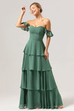 Eucalyptus A Line Off The Shoulder Tiered Long Bridesmaid Dress