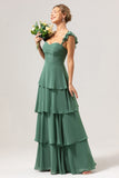 Eucalyptus A Line Off The Shoulder Tiered Long Bridesmaid Dress