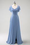 Grey Blue A Line Chiffon Ruffle Ruched Floor Length Bridesmaid Dress with Lace Up Back