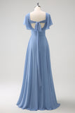 Grey Blue A Line Chiffon Ruffle Ruched Floor Length Bridesmaid Dress with Lace Up Back