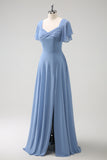 Grey Blue A Line Chiffon Ruffle Ruched Floor Length Bridesmaid Dress with Lace Up Back