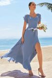 Grey Blue A-Line Chiffon Ruffle Ruched Lace Up Back Bridesmaid Dress with Slit