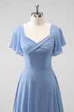 Grey Blue A Line Chiffon Ruffle Ruched Floor Length Bridesmaid Dress with Lace Up Back