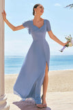 Grey Blue A-Line Chiffon Ruffle Ruched Lace Up Back Bridesmaid Dress with Slit