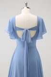 Grey Blue A Line Chiffon Ruffle Ruched Floor Length Bridesmaid Dress with Lace Up Back