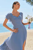 Grey Blue A-Line Chiffon Ruffle Ruched Lace Up Back Bridesmaid Dress with Slit