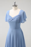 Grey Blue A Line Chiffon Ruffle Ruched Floor Length Bridesmaid Dress with Lace Up Back