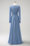 Grey Blue A Line V Neck Pleated Long Sleeves Chiffon Long Bridesmaid Dress with Slit