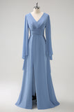 Grey Blue A Line V Neck Pleated Long Sleeves Chiffon Long Bridesmaid Dress with Slit