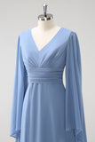 Grey Blue A Line V Neck Pleated Long Sleeves Chiffon Long Bridesmaid Dress with Slit