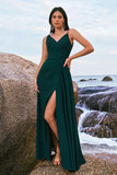 Dark Green A-Line Watteau Train Long Chiffon Bridesmaid Dress with Slit