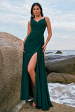 Dark Green A-Line Watteau Train Long Chiffon Bridesmaid Dress with Slit