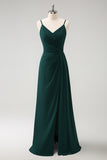 Dark Green A Line Spaghetti Straps Floor Length Chiffon Bridesmaid Dress with Slit