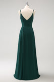 Dark Green A Line Spaghetti Straps Floor Length Chiffon Bridesmaid Dress with Slit