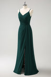 Dark Green A Line Spaghetti Straps Floor Length Chiffon Bridesmaid Dress with Slit