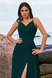 Dark Green A-Line Watteau Train Long Chiffon Bridesmaid Dress with Slit