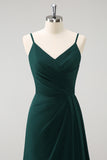 Dark Green A Line Spaghetti Straps Floor Length Chiffon Bridesmaid Dress with Slit