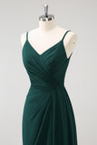 Dark Green A Line Spaghetti Straps Floor Length Chiffon Bridesmaid Dress with Slit