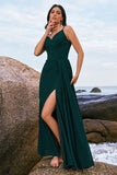 Dark Green A-Line Watteau Train Long Chiffon Bridesmaid Dress with Slit