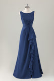 Dark Blue A Line Ruched Corset Chiffon Long Bridesmaid Dress with Ruffle Slit