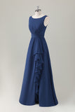 Dark Blue A Line Ruched Corset Chiffon Long Bridesmaid Dress with Ruffle Slit