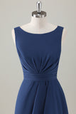 Dark Blue A Line Ruched Corset Chiffon Long Bridesmaid Dress with Ruffle Slit